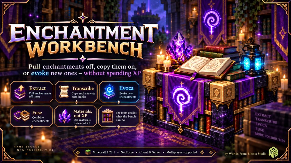 An Enchantment Workbench in a candlelit library, with an open book, a soul lantern and purple cloth, labelled Extract, Transcribe, Copy, Fuse and Evoca.