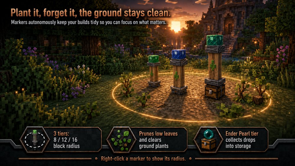 Three Groundskeeper markers stand in a glowing radius on grass at sunset, in front of a Minecraft stone build.