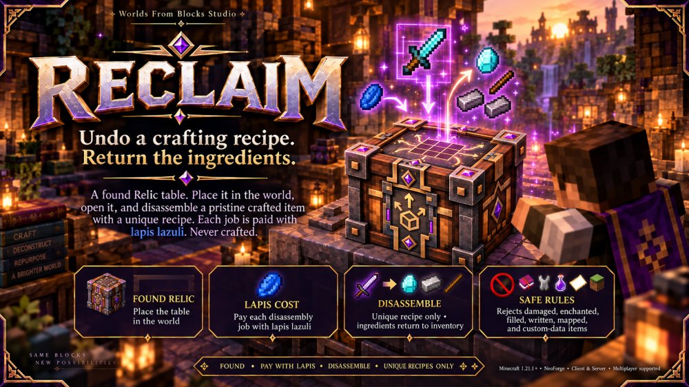 The RECLAIM Relic table stands in a ruined workshop, ready to take a crafted item back into its pieces.