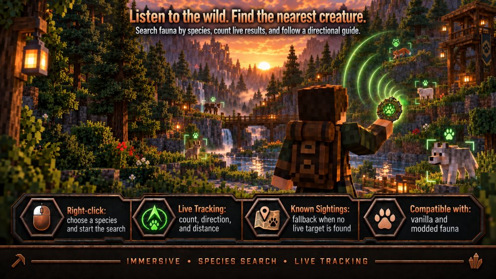 A player holds a glowing green Seal of Fauna in a pine forest at sunset while nearby animals are marked in the world.