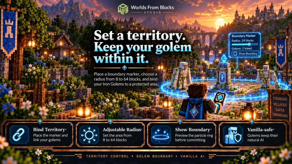 A player stands at a Cippo del Vincolo while two Iron Golems remain inside a glowing blue territory ring at sunset.