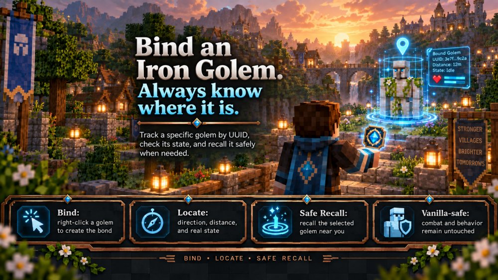 A player holds the Custodian Sigil toward a bound Iron Golem in a village at sunset, with a holographic status overlay.