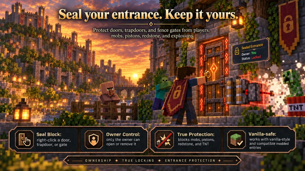 A player seals a wooden door with a glowing padlock while a zombie, a creeper and TNT fail to break through at sunset.