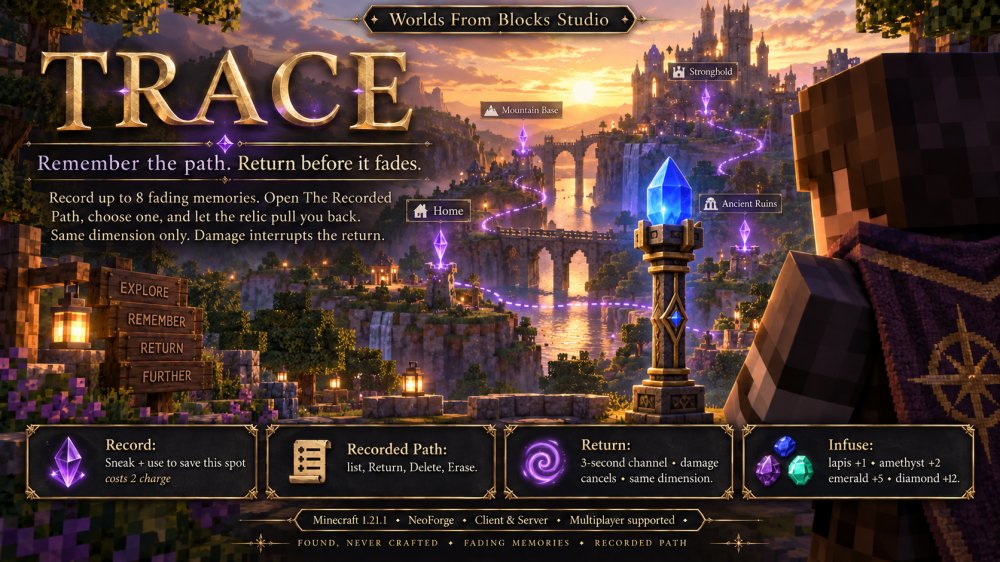 A player holds TRACE toward a thin pole of intense blue light in ruined stone at dusk.